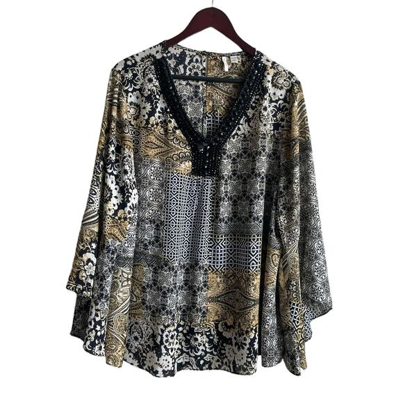 Cato Women Tunic Top Gem Neckline Long Bell Sleeve Boho Mix Pattern Print 18/20 - Picture 1 of 12
